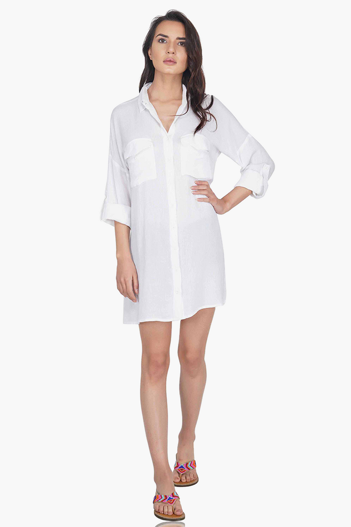 Oxford White Solid Shirt Dress