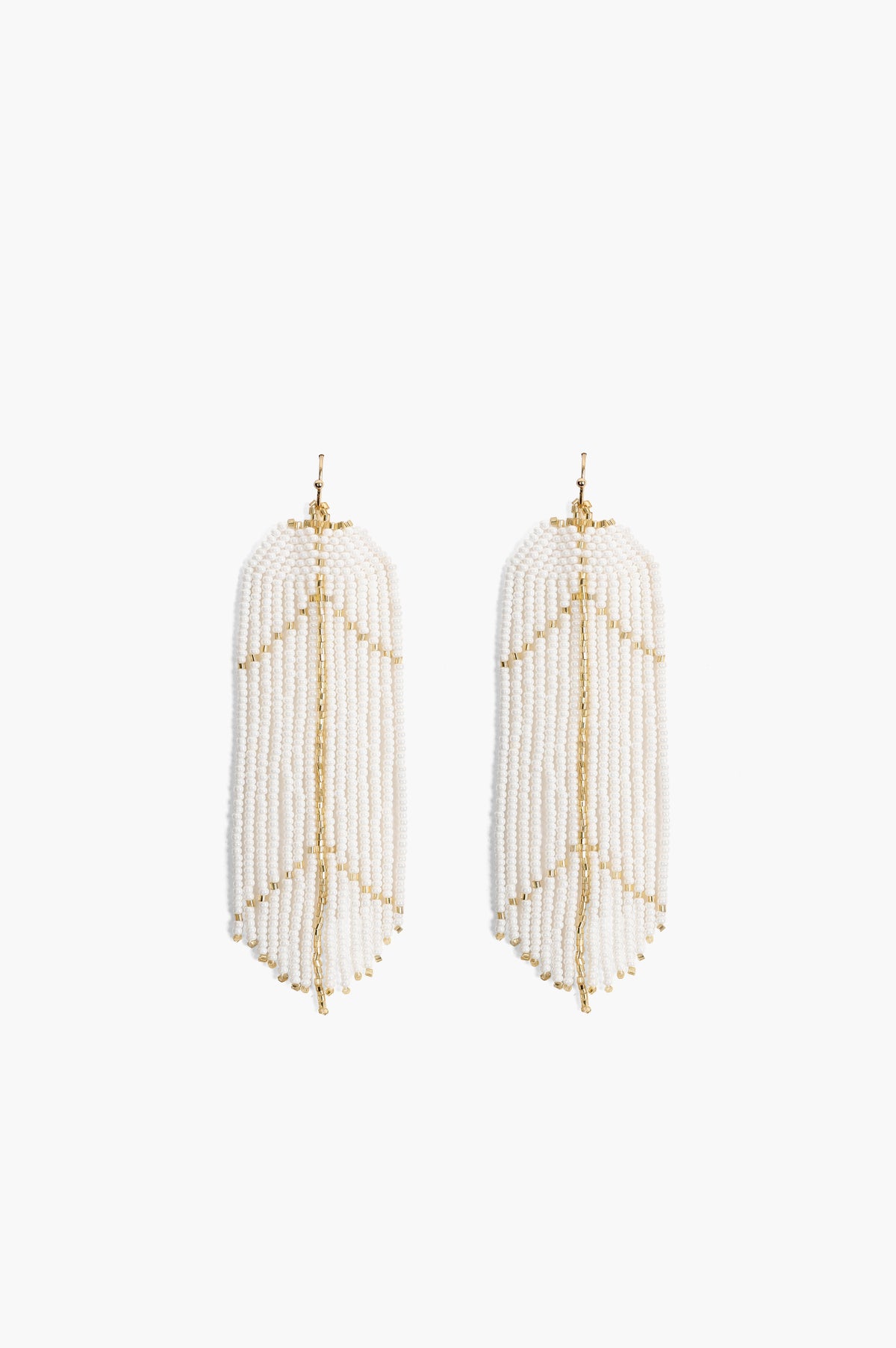 Handcrafted White & Gold Beaded Leaf Earrings