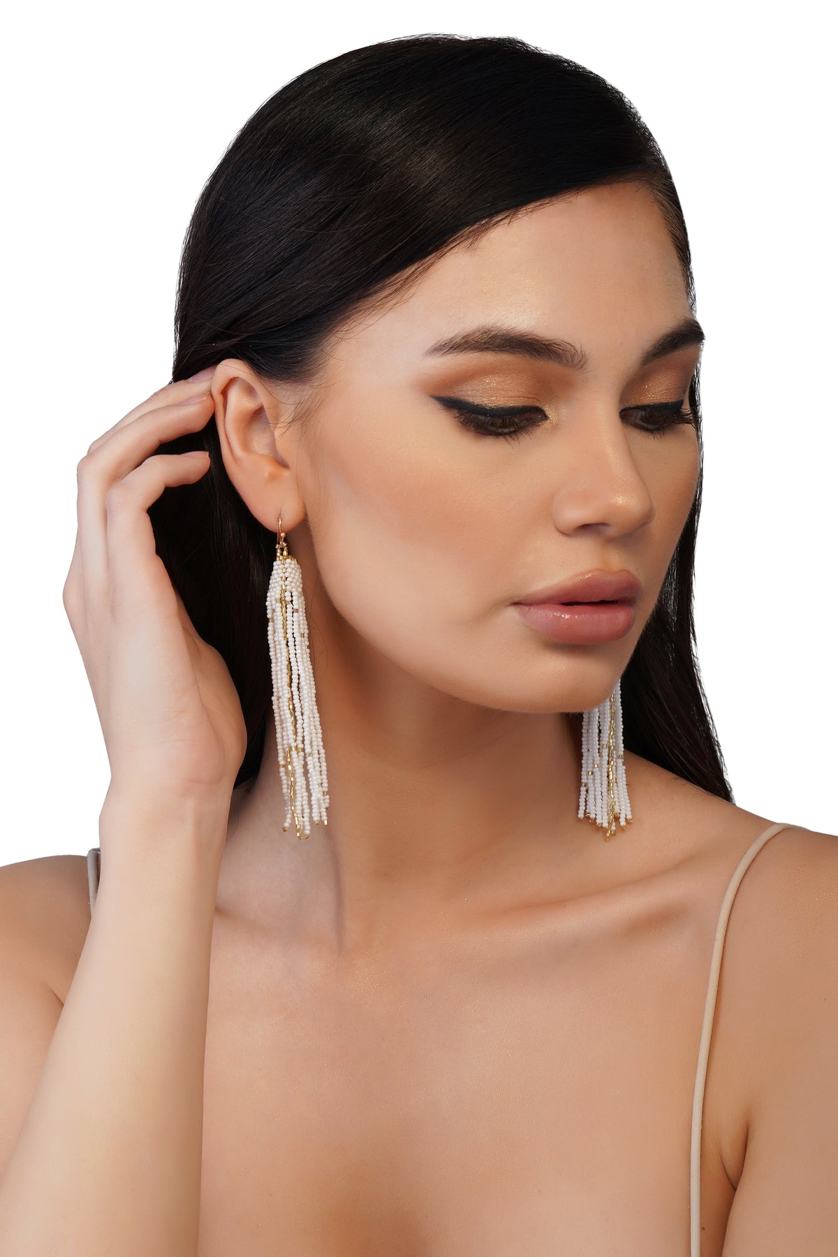 Handcrafted White & Gold Beaded Leaf Earrings