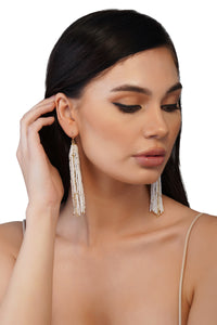 Handcrafted White & Gold Beaded Leaf Earrings