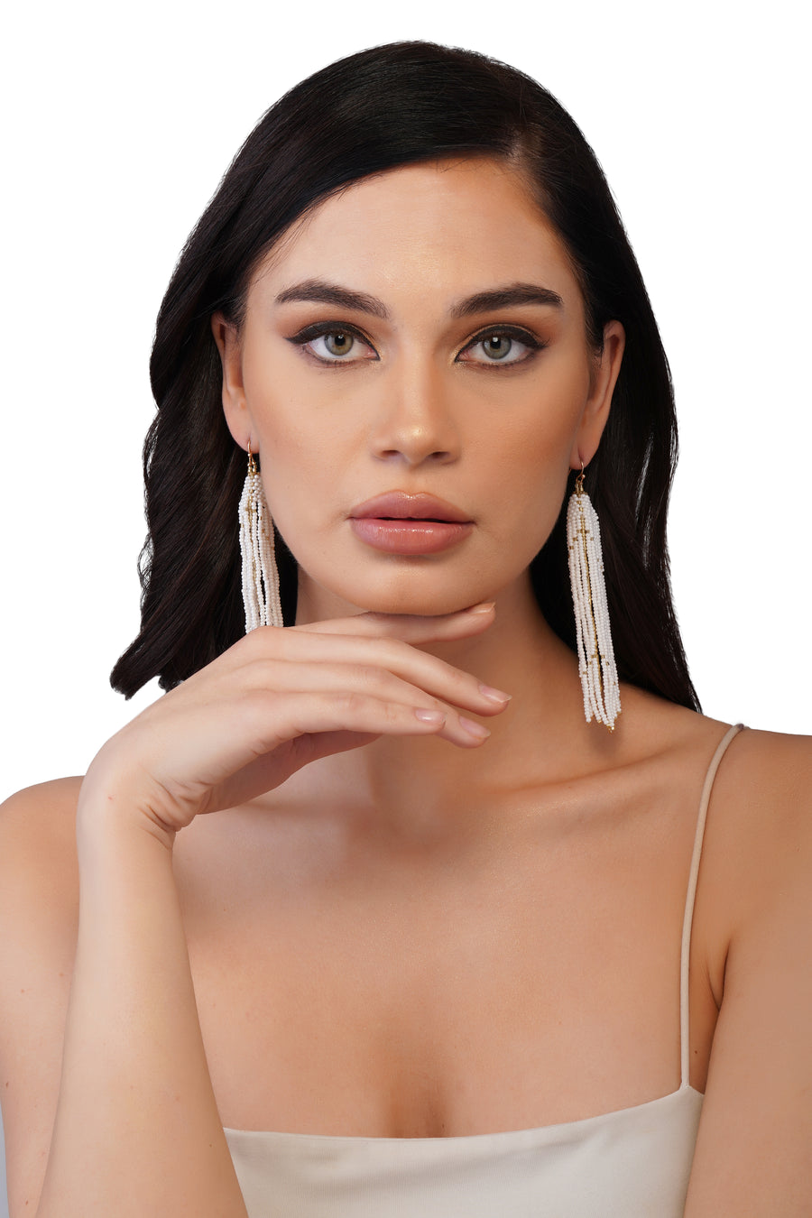 Handcrafted White & Gold Beaded Leaf Earrings