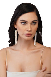 Handcrafted White & Gold Beaded Leaf Earrings