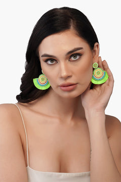 Handcrafted Neon Green Beaded Fan Earrings