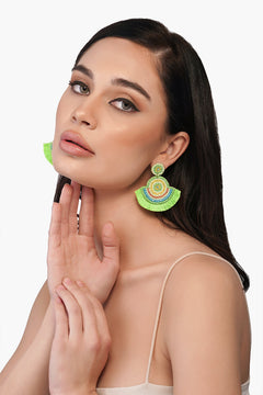 Handcrafted Neon Green Beaded Fan Earrings