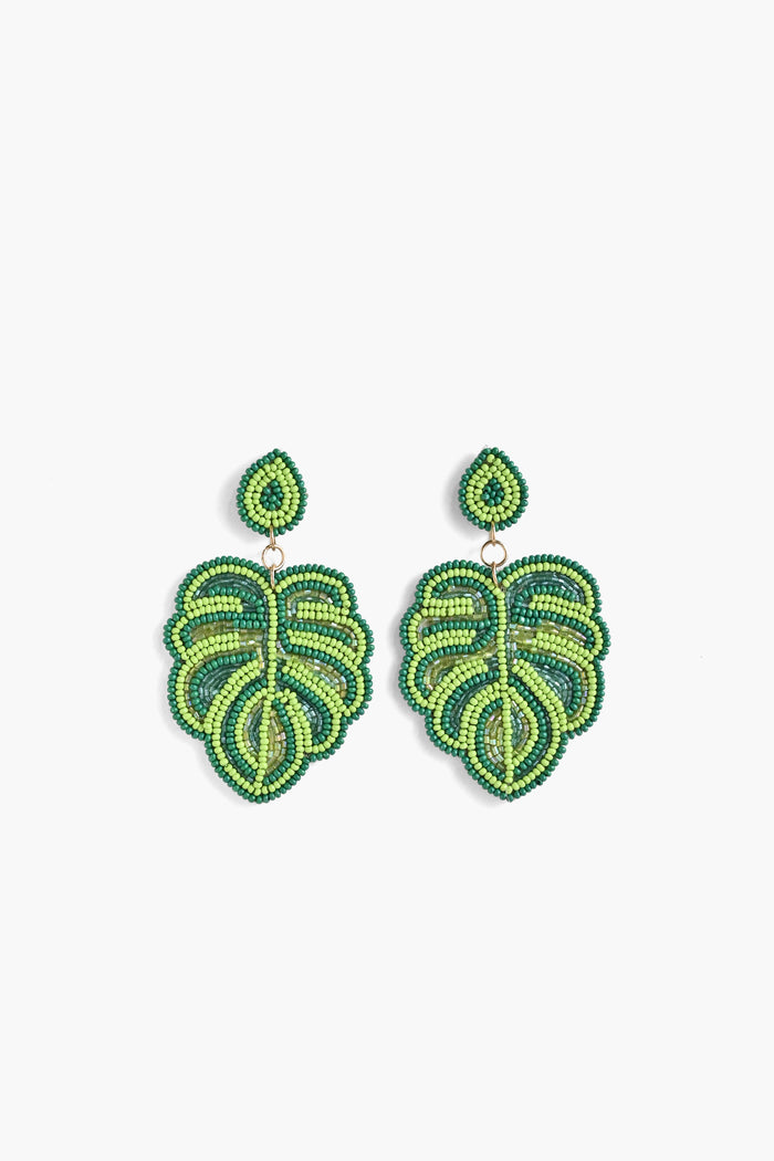 Handcrafted Monstera Leaf Beaded Earrings