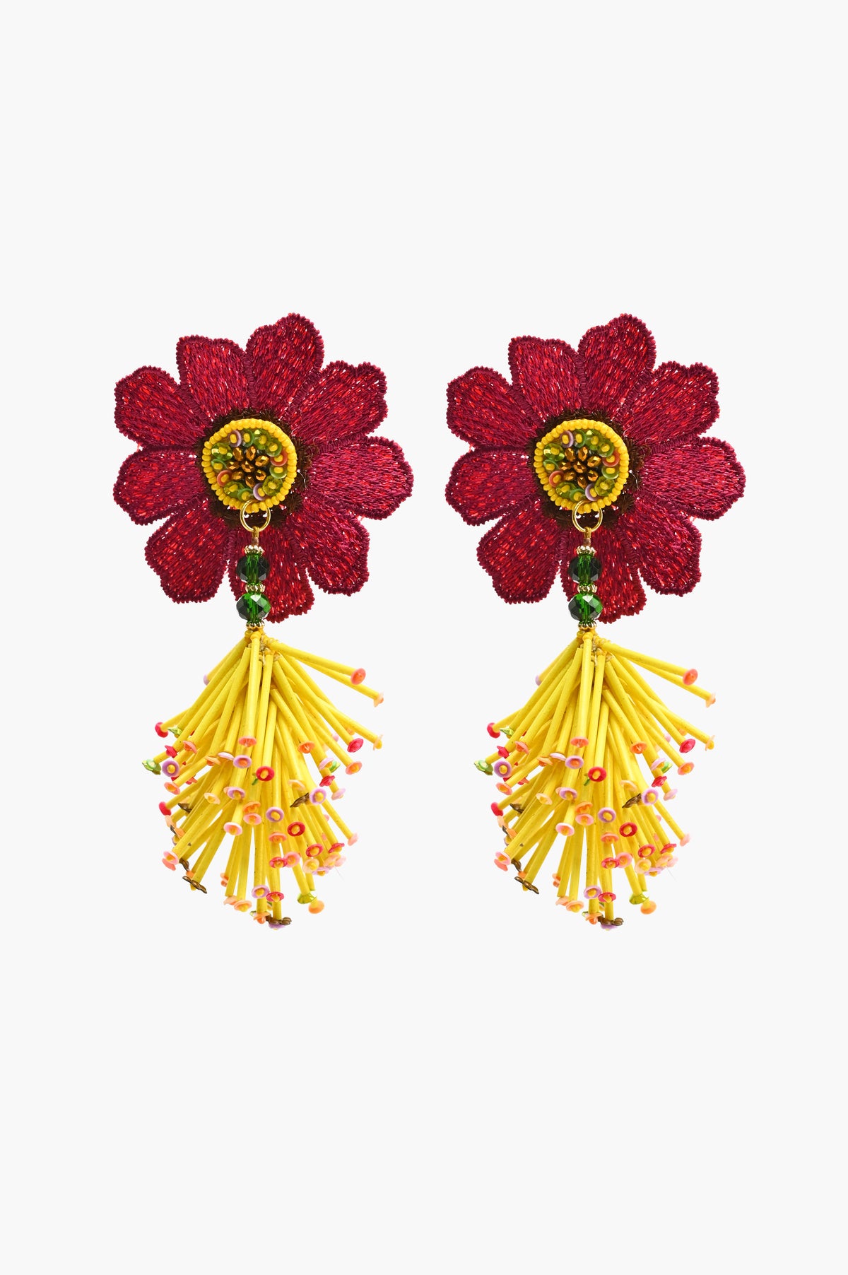 Handcrafted Maroon Floral Beaded Earrings