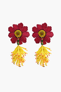 Handcrafted Maroon Floral Beaded Earrings