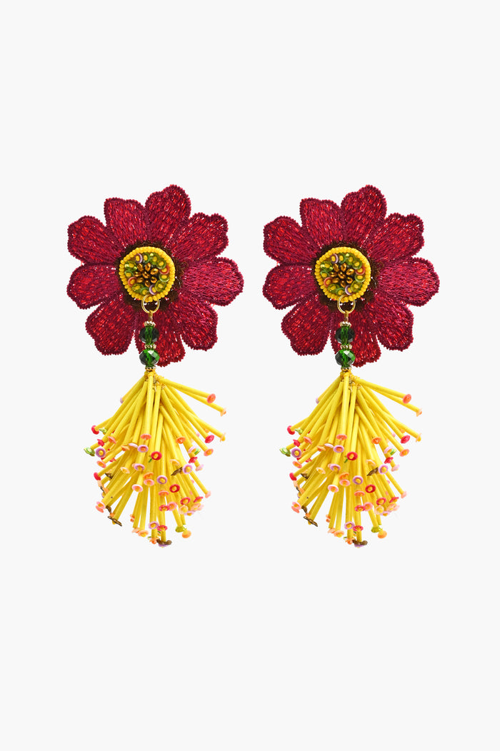 Handcrafted Maroon Floral Beaded Earrings