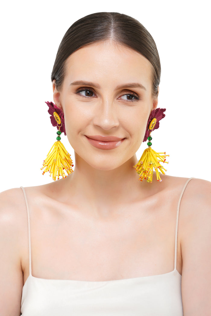 Handcrafted Maroon Floral Beaded Earrings