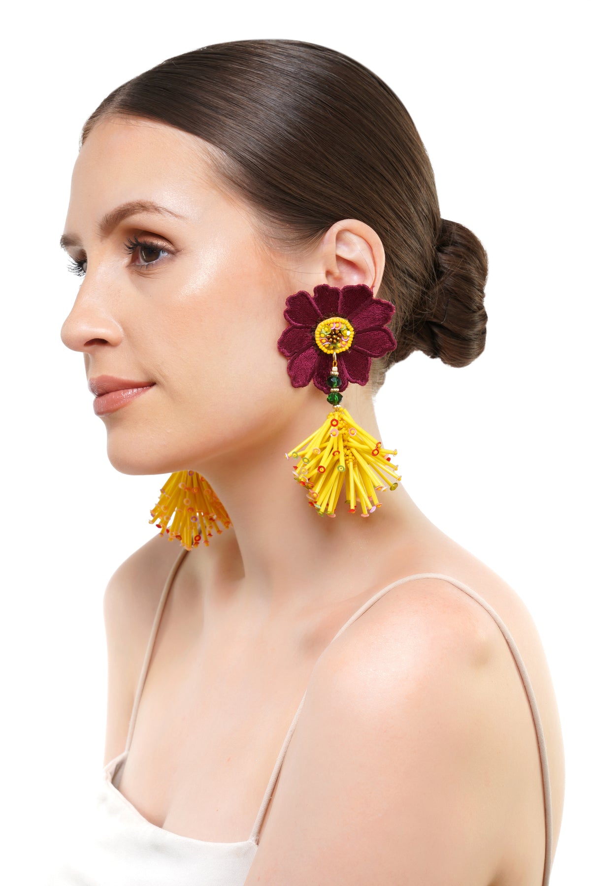Handcrafted Maroon Floral Beaded Earrings