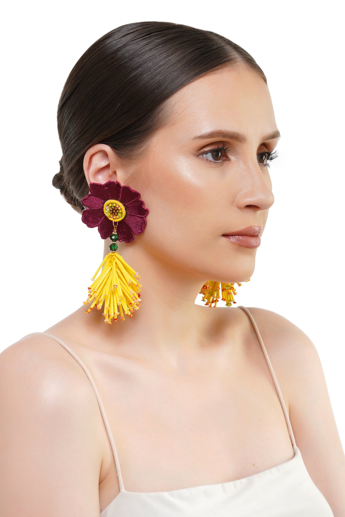 Handcrafted Maroon Floral Beaded Earrings