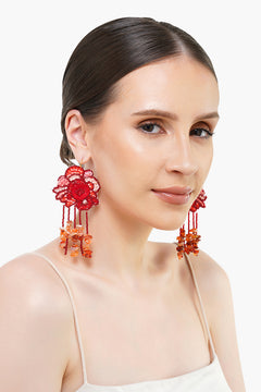 Handcrafted Red Floral Beaded Earrings