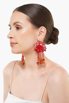 Handcrafted Red Floral Beaded Earrings