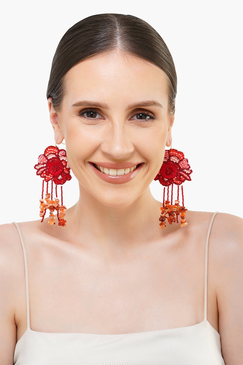 Red Lilies Beaded Earrings