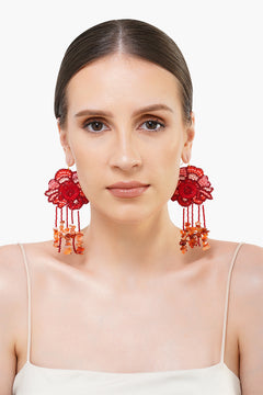 Handcrafted Red Floral Beaded Earrings