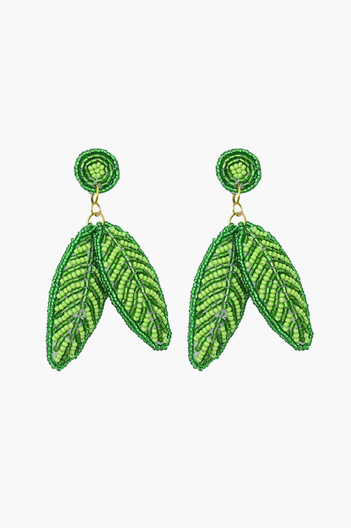 Handcrafted Green Leaf Beaded Earrings