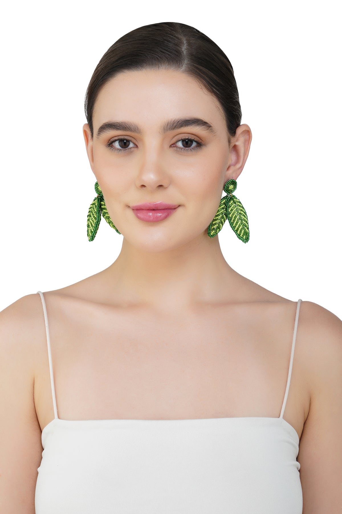 Handcrafted Green Leaf Beaded Earrings