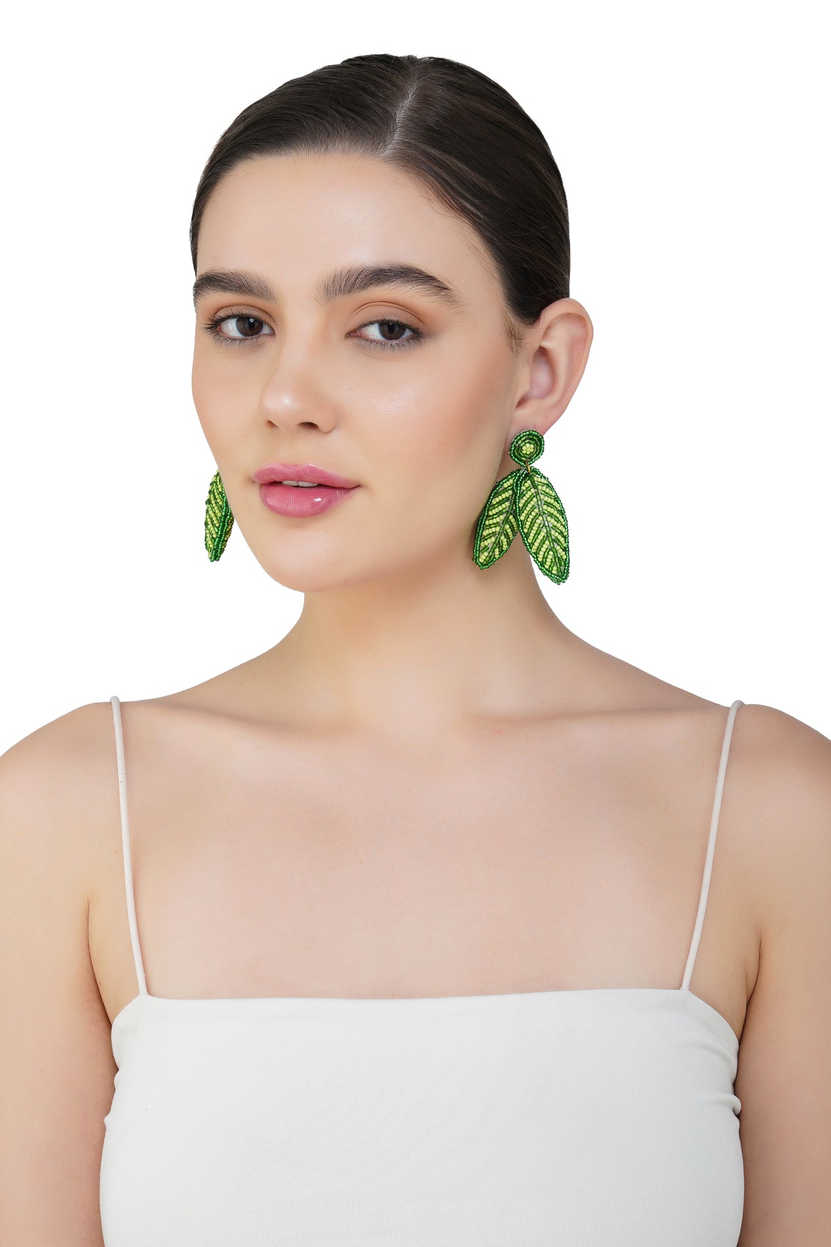 Handcrafted Green Leaf Beaded Earrings