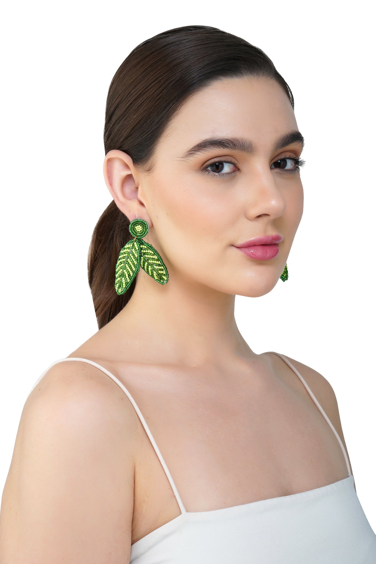 Handcrafted Green Leaf Beaded Earrings