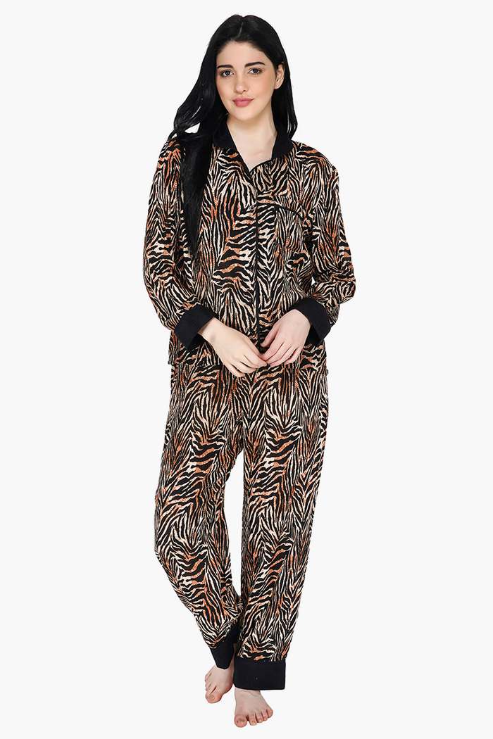 Women Brown and Black Animal Print Loungewear Set
