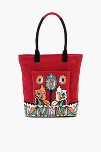 Barbados Cherry Embroidered Suede Front Pocket Tote