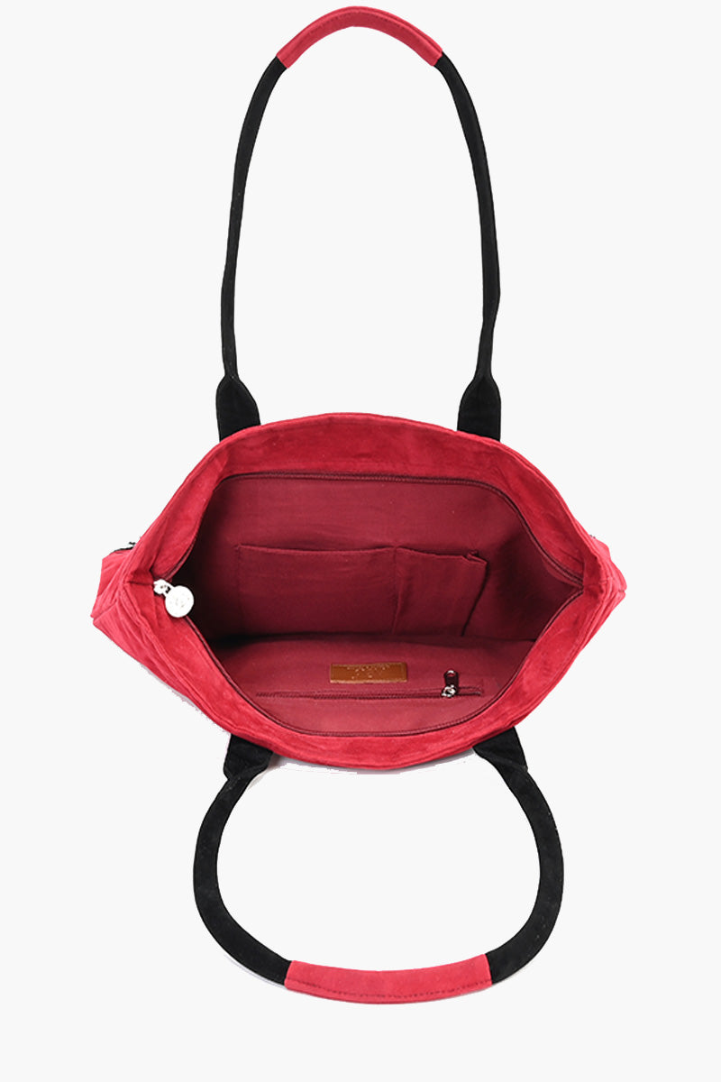 Barbados Cherry Embroidered Suede Front Pocket Tote