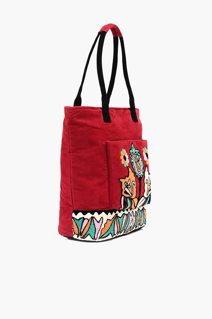 Barbados Cherry Embroidered Suede Front Pocket Tote
