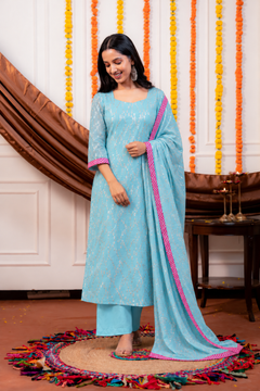 Women Sky Blue Viscose Lurex Collared Kurta with Straight Pants & Dupatta Set