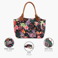 Summer Floral Printed Black Handbag