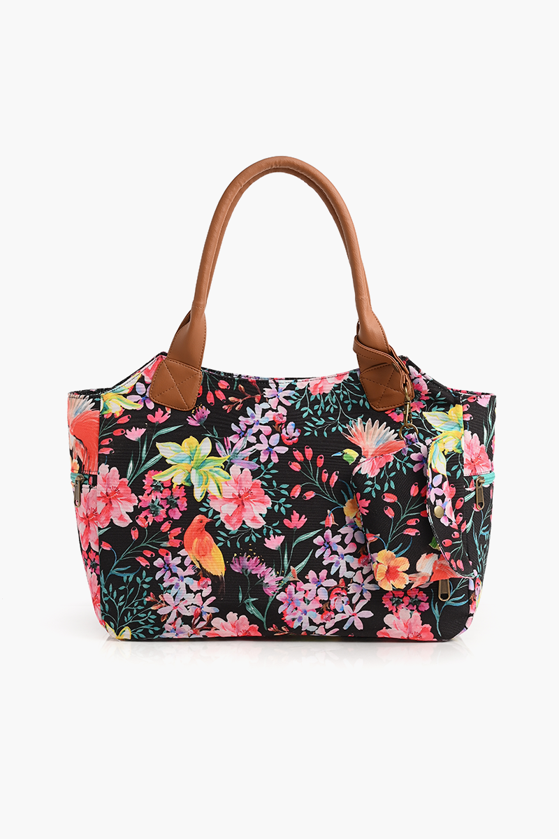 Summer Floral Printed Black Handbag