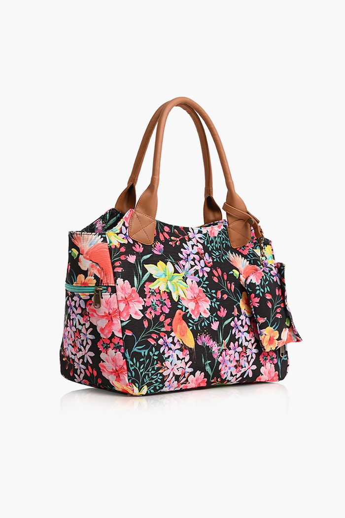 Summer Floral Printed Women Black Handbag