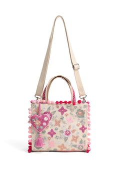 Whimsical beige mini tote bag with pink floral embroidery