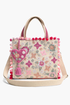 Whimsical beige mini tote bag with pink floral embroidery