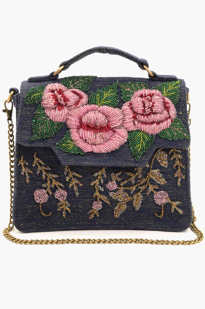 Chic Rose Embellished Navy Blue Crossbody Bag