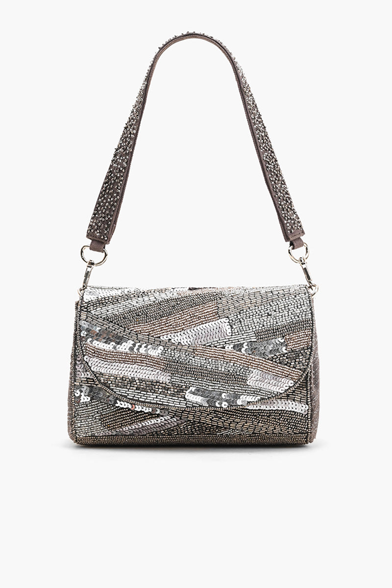 Silver Embellished Grey Handbag