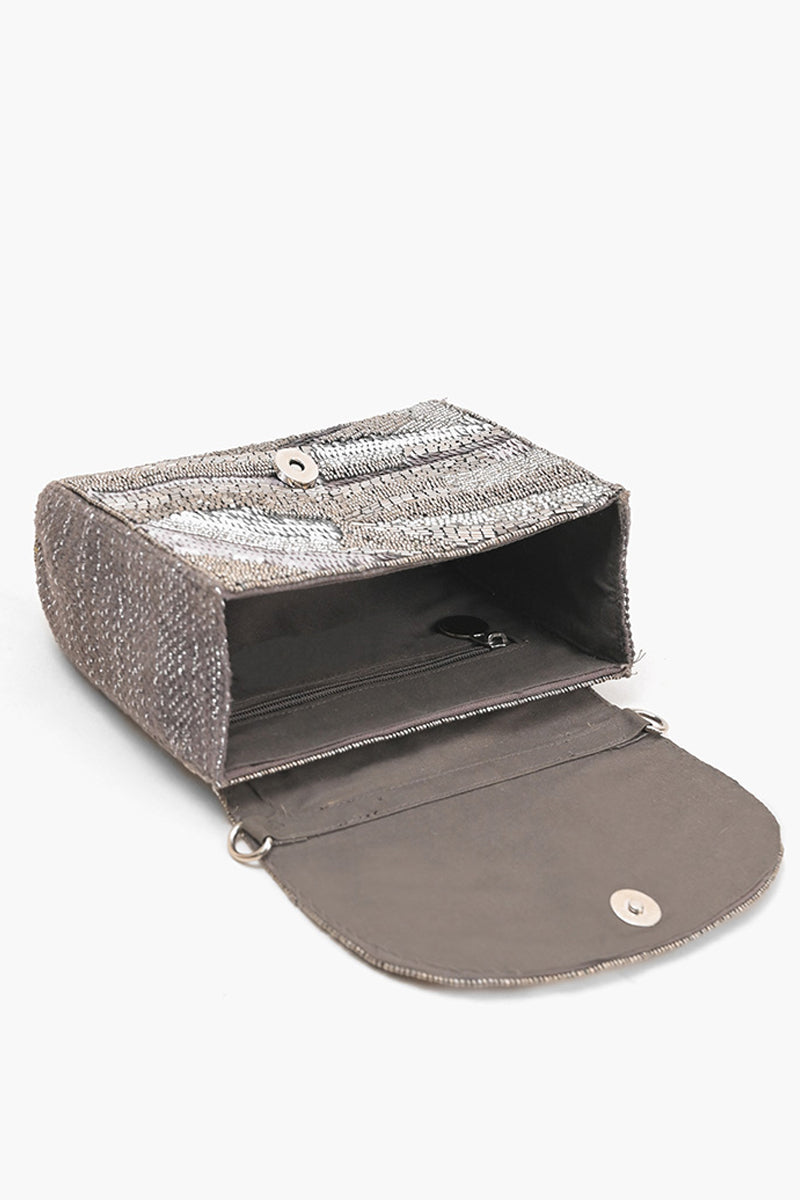 Silver Embellished Grey Handbag