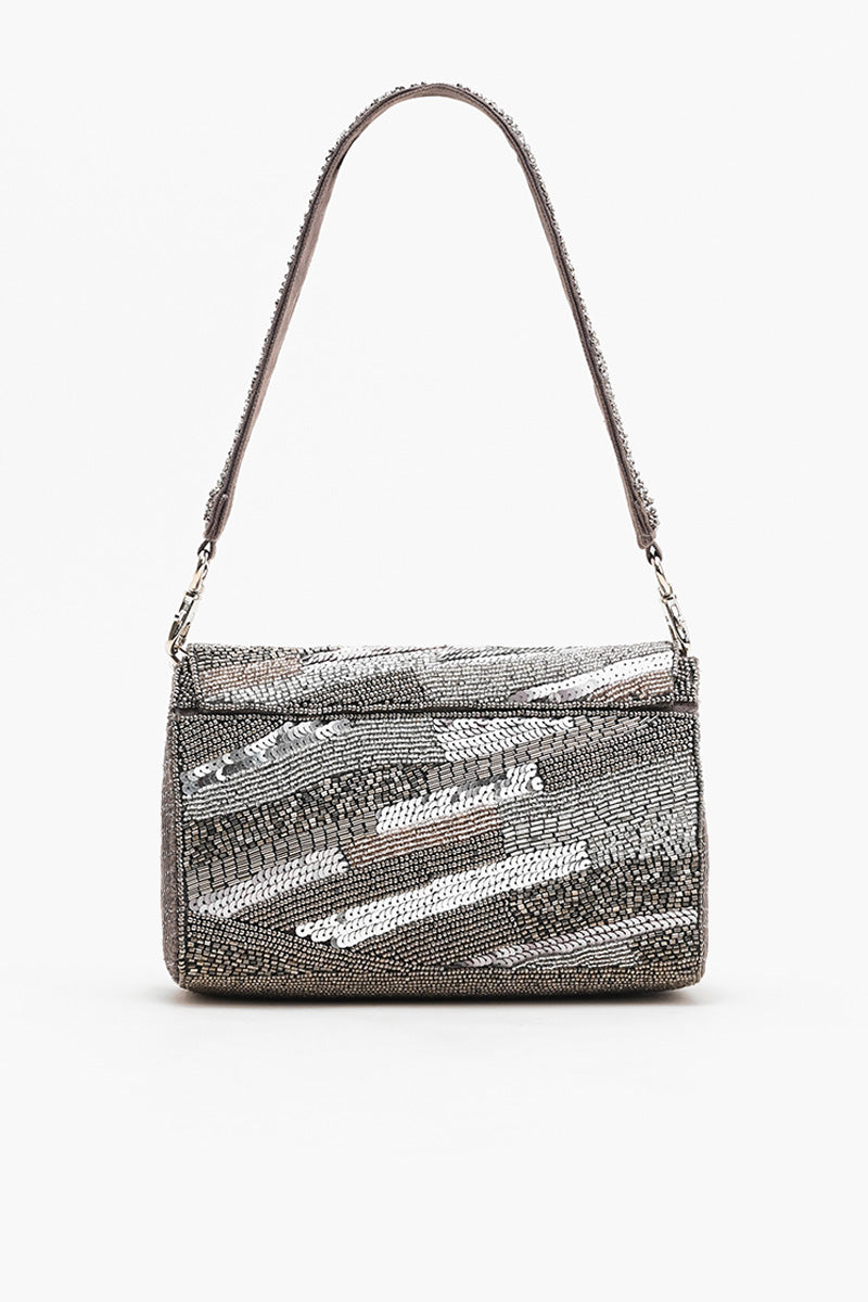 Silver Embellished Grey Handbag
