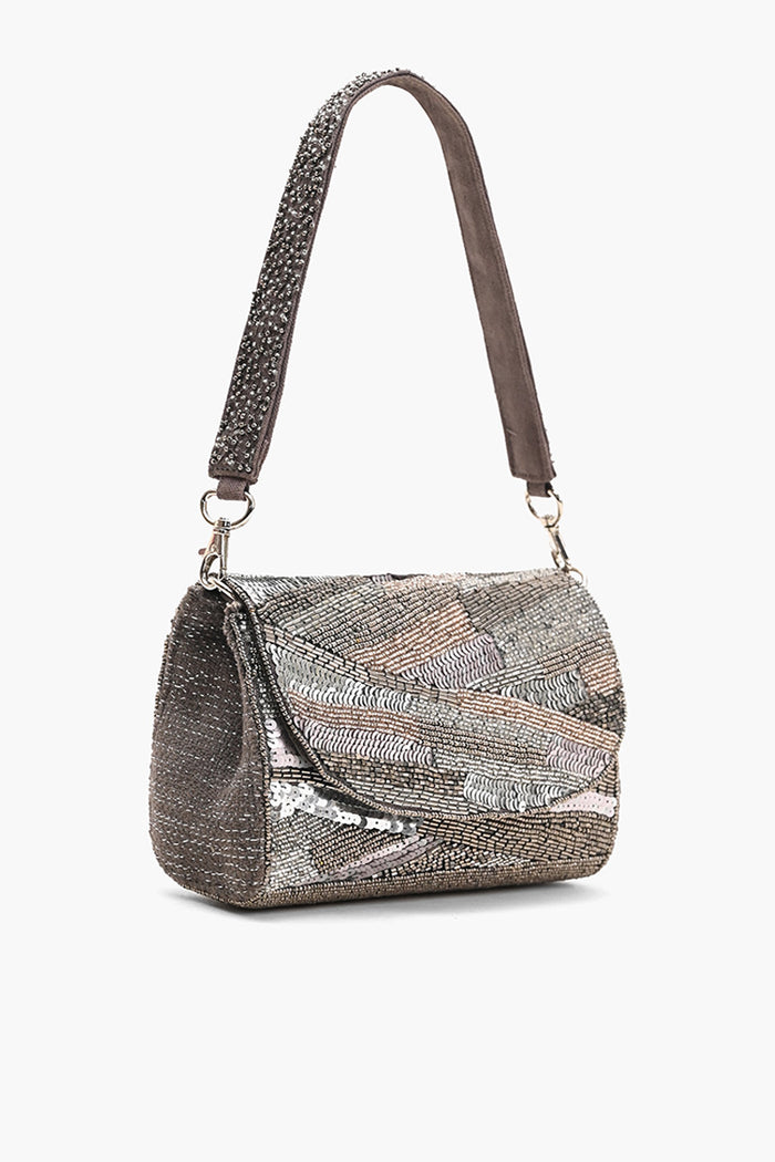 Silver Embellished Grey Handbag