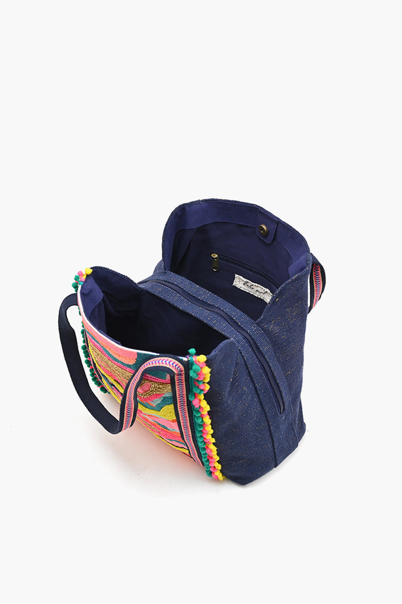 Daphne Embellished Multi-Colored Hand Beaded Navy blue Jacquard Tote