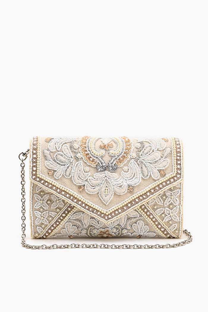 Off White Hand Beaded Flap Clutch
