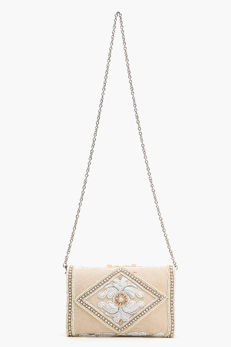 Off White Hand Beaded Flap Clutch