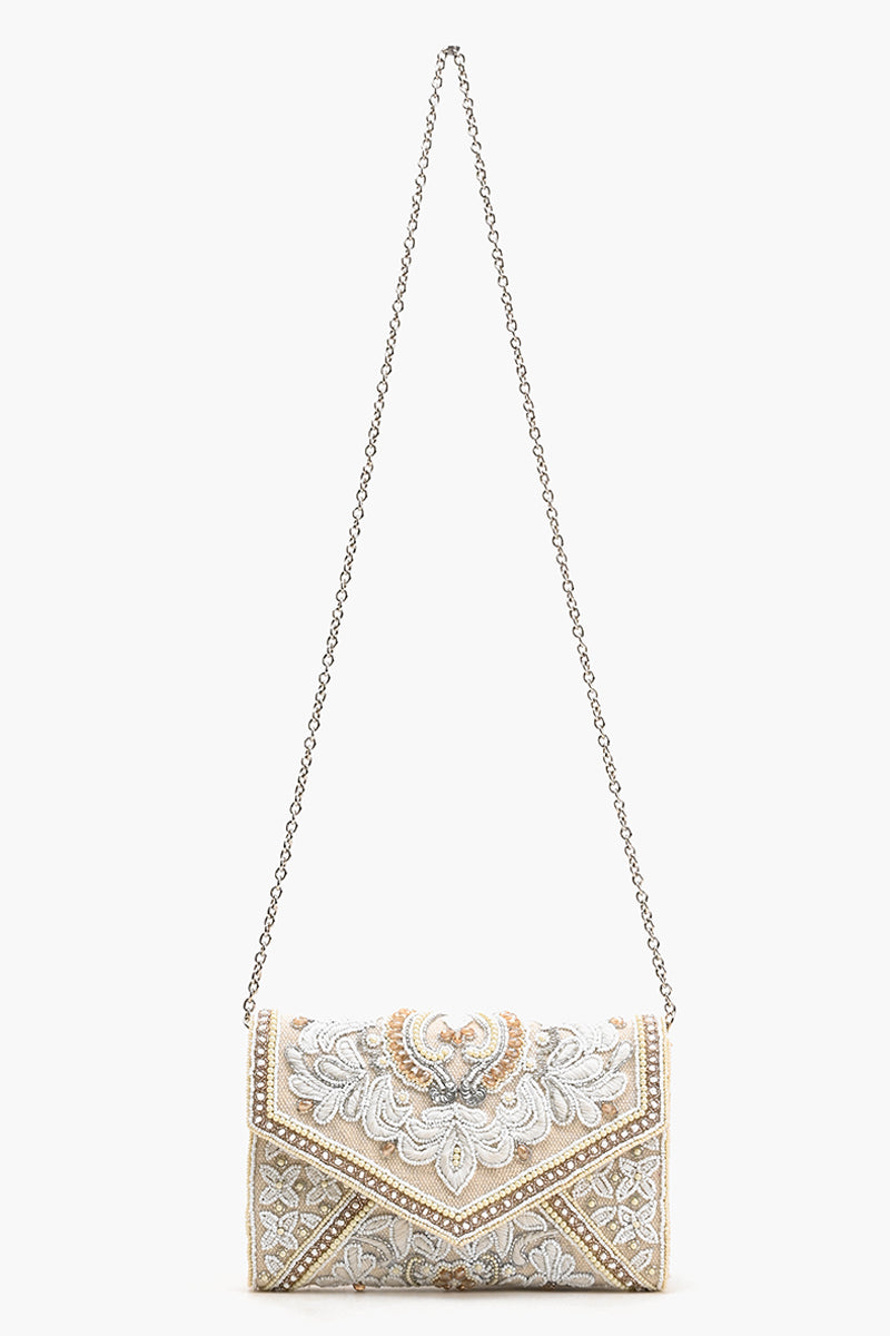 Off White Hand Beaded Flap Clutch