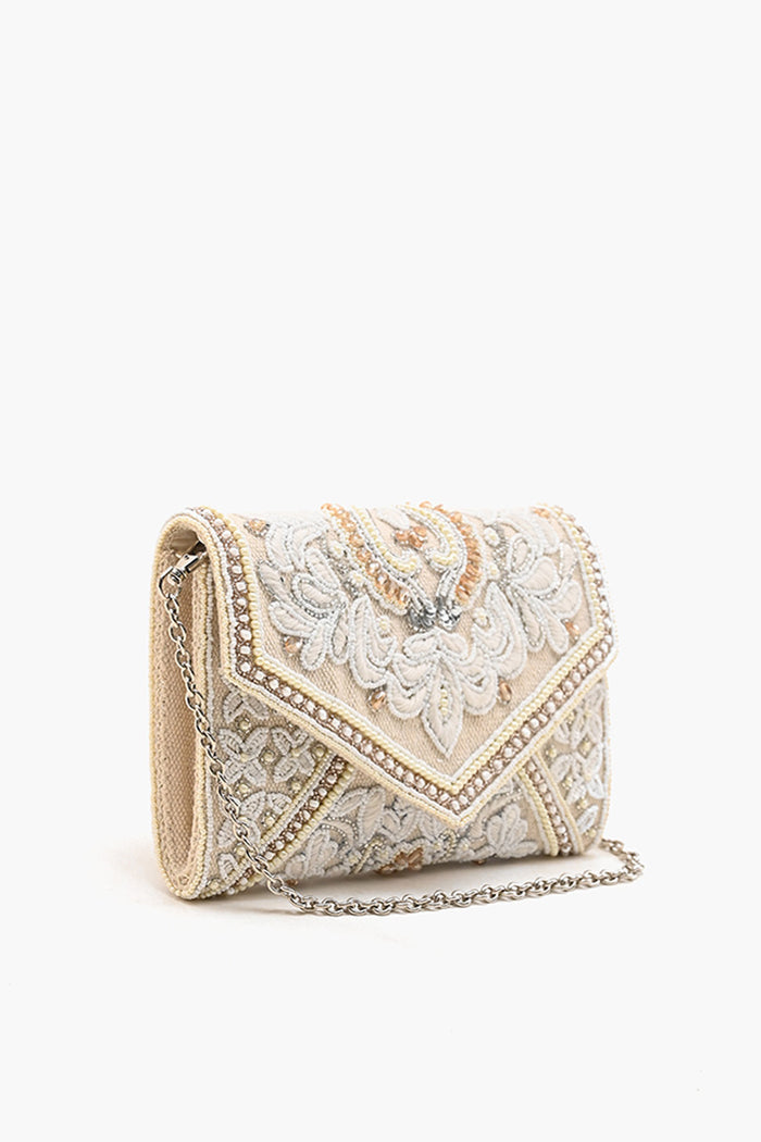 Off White Hand Beaded Flap Clutch