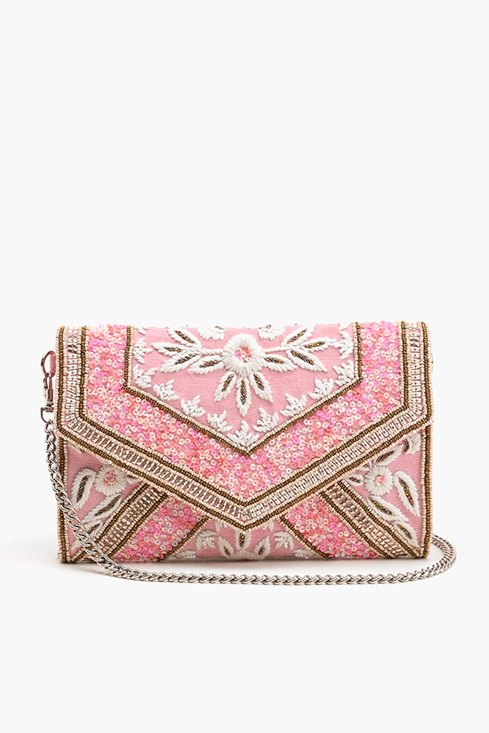 Pink Embellished Flap Clutch