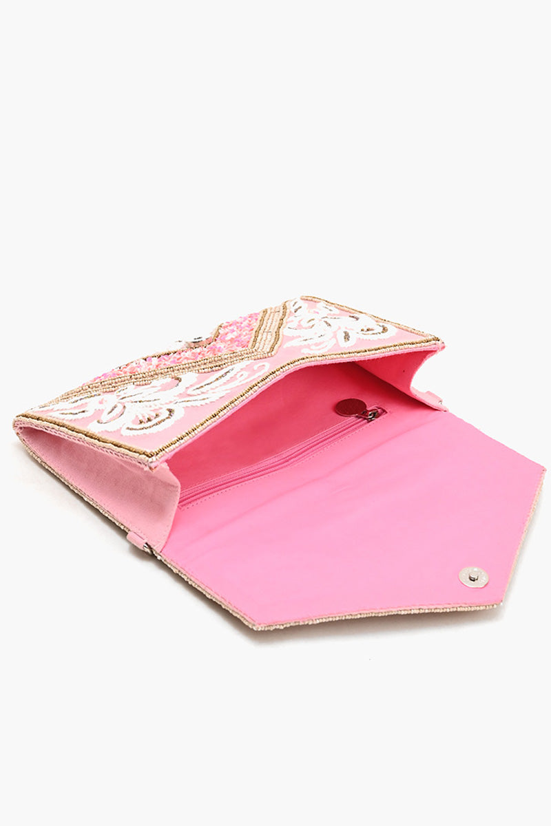 Pink Embellished Flap Clutch