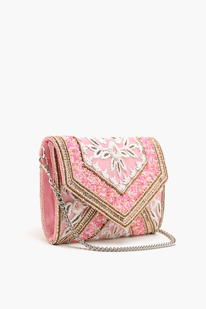 Pink Embellished Flap Clutch