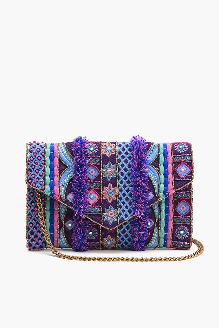 Purple Sequence Embroidered Flap Clutch