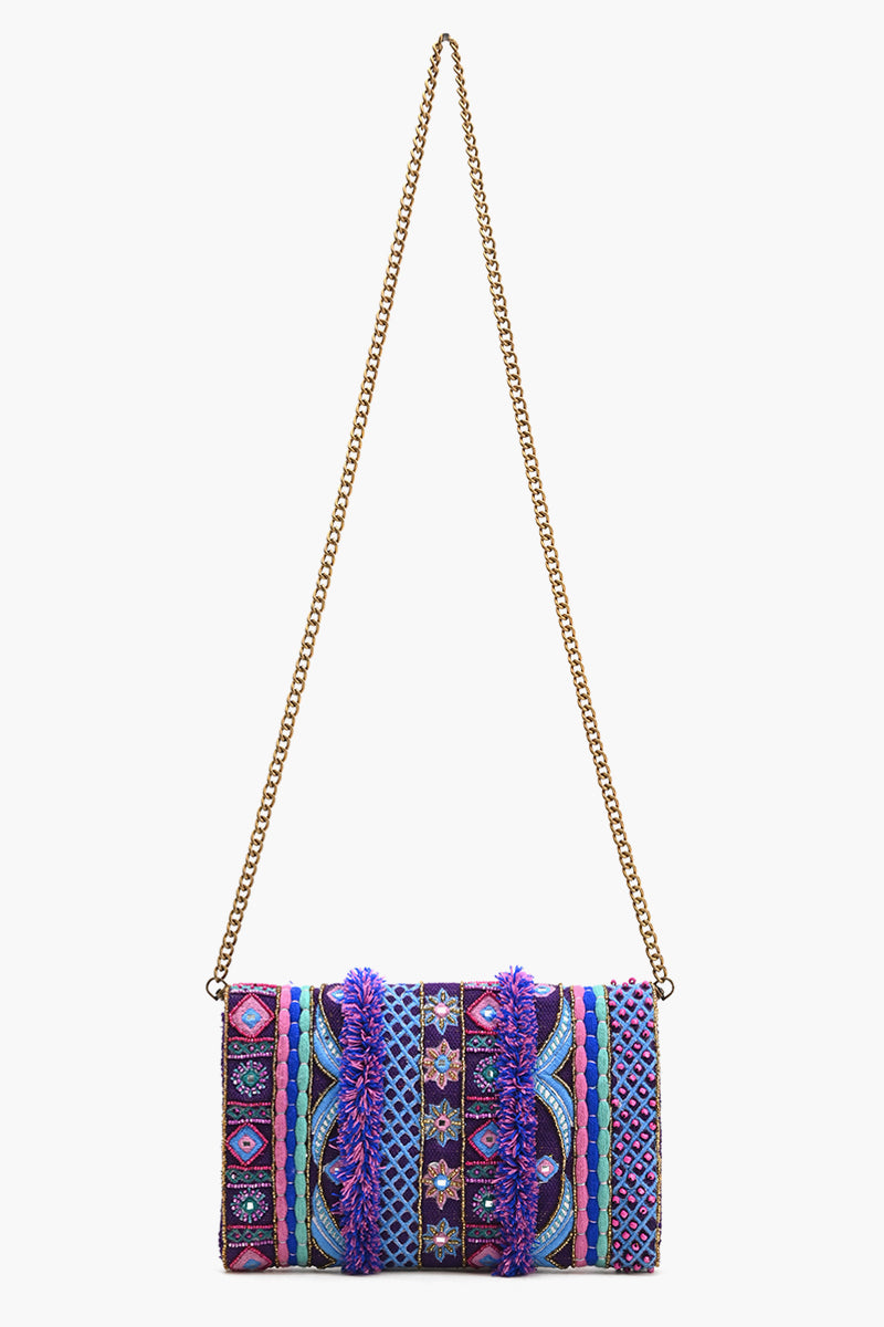 Purple Sequence Embroidered Flap Clutch