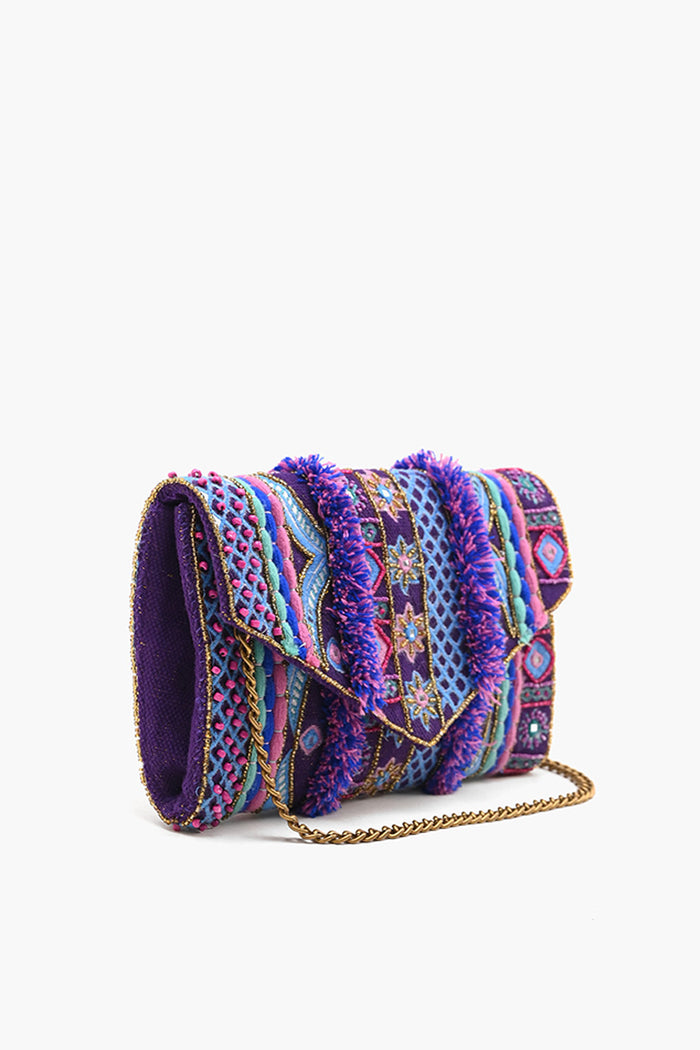 Purple Sequence Embroidered Flap Clutch
