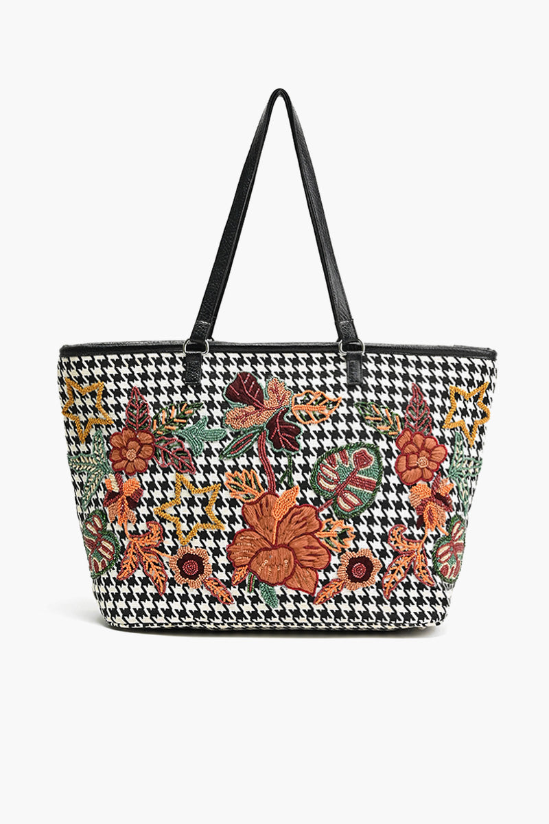 Floral Embroidered Houndstooth Fabric Tote